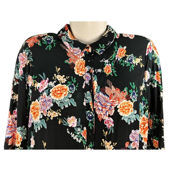 For The Republic Women's Black W/ Floral Hi/Low Hem Long Slv Button Front Top L - Picture 4 of 8